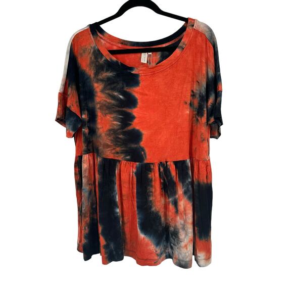 NEW Hayden Orange Black Tie Dyed Short Sleeve Boho Stretchy Top Sz L - Picture 1 of 6
